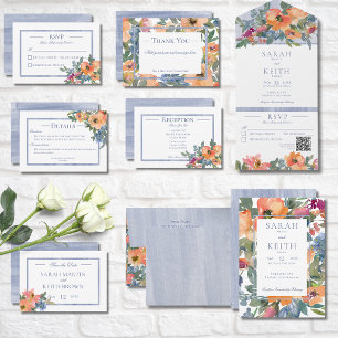 Invitation Pêche et bleu aquarelle Mariage de cadre Floral
