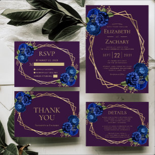Invitation Mariage géométrique violet Royal Blue Floral Gold