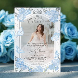 Mis Quince Photo Invitation Bilingue Dusty Blue