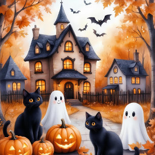 Feuille De Papier Cadeau Halloween de chats noirs mignons   Citrouille Kawa