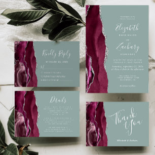 Invitation Mariage Moderne Bourgogne Argent Agate Vert Sauge