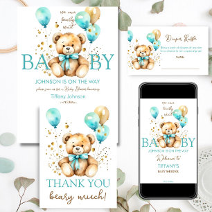 Invitation Ours en peluche patienter aqua bleu brun baby show