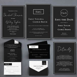 Invitation Simple Fête des mariées Formelle Noire Et Blanc Mo