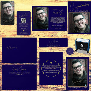 Invitation Blue Calligraphy Modern Photo Graduation Party