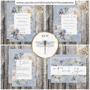 Invitation Rustique Romantique Dusty Bleu & Blanc Floral