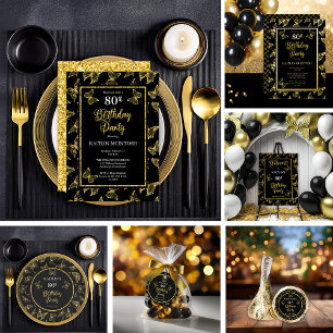 Elegant Butterflies 80th Birthday Party Black Gold Folie Uitnodiging