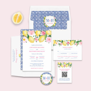 Invitation Positano Lemons rose Floral Mariage Carrelage bleu