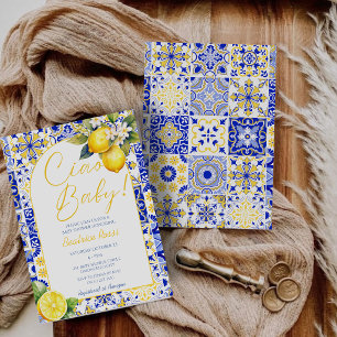 Invitation Ciao Baby Carreaux Bleus Citron Amalfi Baby shower