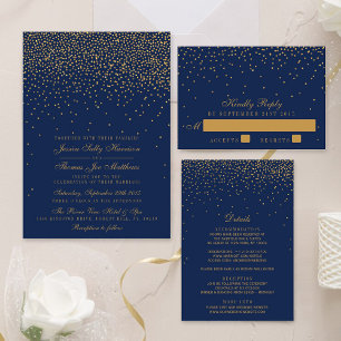 Invitation Tout En Un Mariage Confetti en or bleu marine et glam