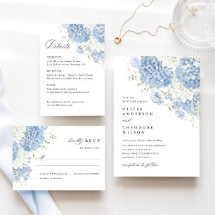 Invitation Bleu Poussiéreux Blanc Floral Élégant Mariage