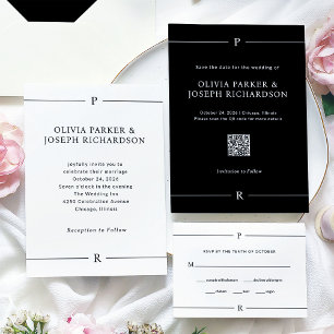 Cartons Réponse Lignes modernes et Monogramme Mariage noir et blan