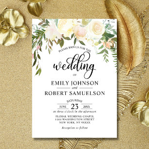 Invitation Aquarelle Floral Wreath rose Beige Blanc Mariage