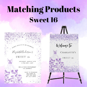 Invitation Sweet 16 violet robe blanche parties scintillant