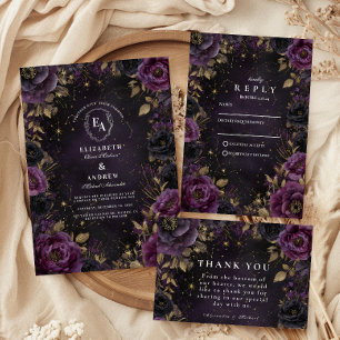 Cartons Réponse Mariage Gothique Galaxie de Minuit Violet