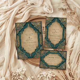 Carte De Remerciements Mariage islamique d'or émeraude