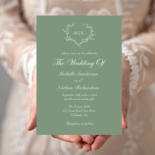 Invitation Élégant Sage Green Mariage Monogramme Photo