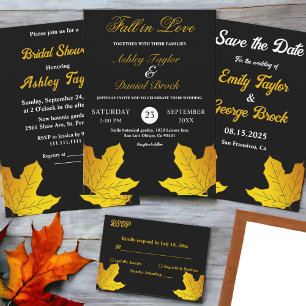 Invitation Tout En Un Elégant Luxe Feuille Noir Et Or Mariage de automne