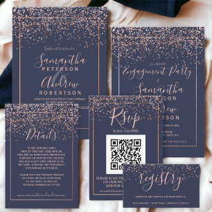 Carte D'accompagnement navy blue Rose gold confetti QR code rsvp