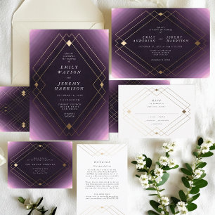 Carte D'accompagnement Gold Diamond violet Mariage géométrique Gatsby