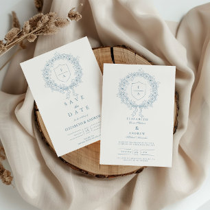 Invitation Mariage baroque à crête florale bleu poussiéreux