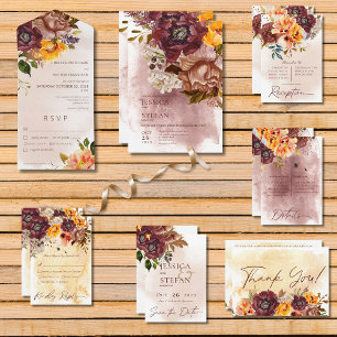 Invitation Boho Marsala Argile & Bouquet Jaune Mariage