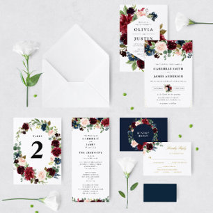Invitation Mariage floral bordeaux bleu marine et or