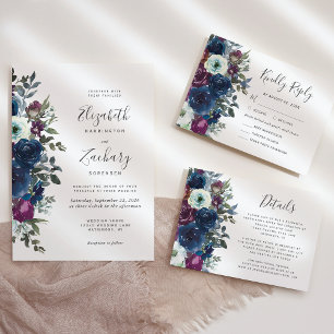 Cartons Réponse Aquarelle Florale Prune Bleu Nuit Mariage