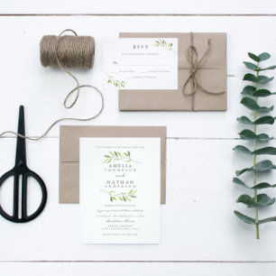 Faire-part de mariage à feuilles d'aquarelle verte