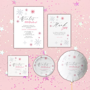 Invitation Pink Winter Onederland Flocons de Neige 1er Annive
