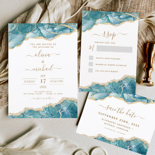 Invitation Agate QR Code Turquoise Turquoise Gold Mariage