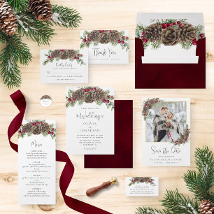 Invitation En Aluminium Élégant Mariage de Noël de Pine Cone aux Berries d