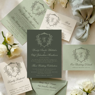 Invitation Sage on Green Olive Vintage Crest Monogramme Maria