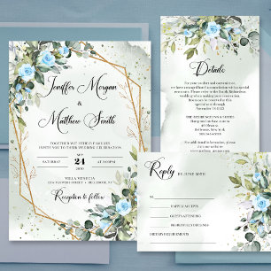 Invitation Boho bleu poussiéreux verdure et cadre doré