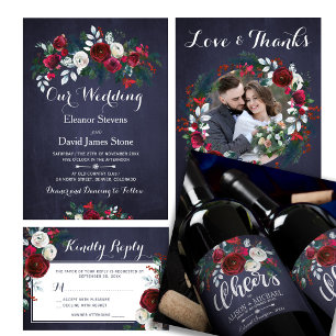 Invitation Rustique hiver marine bleu bordeaux mariage floral
