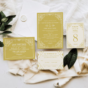 Invitation Vintage ivoire et or Art déco Mariage