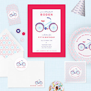 Invitation Bicyclette illustrée rétro en Anniversaire rouge