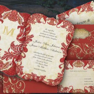 Invitation Rouge et Turquoise Vintage Paisley Mariage damassé