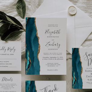 Carte D'accompagnement Détails de mariage Modernes Teal Or Agate
