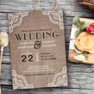 Invitation Pays Rustique Burlap Fabric Lace Mariage