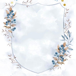 Invitation Mariage Dusty Blue et Gold Blueberries Shield
