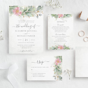Carte D'accompagnement Mariage or rose rose floral bleu Eucalyptus vert