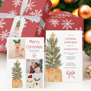 Boho rood en wit Scandi kerstboomfeest Kaart