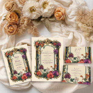 Invitation Tout En Un Mariage Floral Vintage Gold Purple