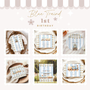 Invitation Train Blue Watercolor 1er anniversaire