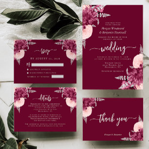 Burgundy Blush Zilveren Bloem Sluiting Bruiloft RS Informatiekaartje