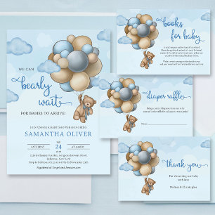 Invitation Ours en peluche avec ballons bleu brun beige garço