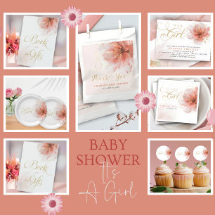 Carte De Remerciements C'est une fille rose or Baby shower Floral moderne