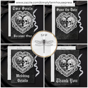 Invitation Gothique foncé Noir & Blanc Crâne Couple Coeur