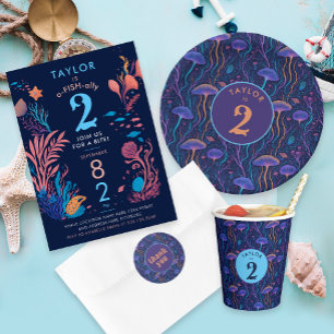 Invitation Anniversaire de enfant de poisson marin bleu mou m