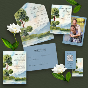 Invitation Tout En Un Mariage d'aquarelle bleu À feuillage persistant du